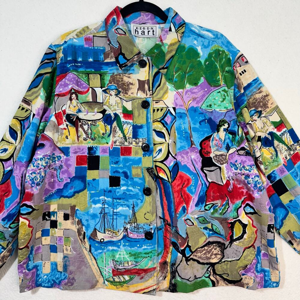 Keren Hart Jacket Vibrant Colorful Scenic Picasso Cafe Art Cotton Blazer Size XL - Picture 2 of 9